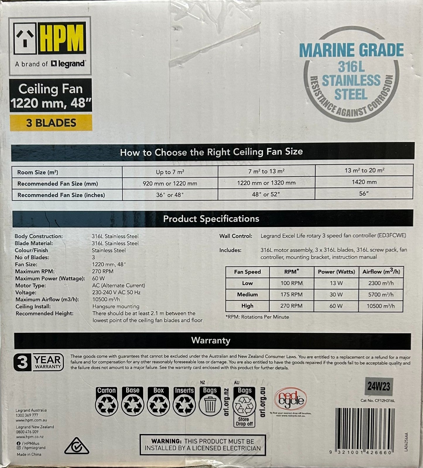 HPM 3 Blade Ceiling Fan 1220mm Marine Grade 316L Stainless Steel 48in