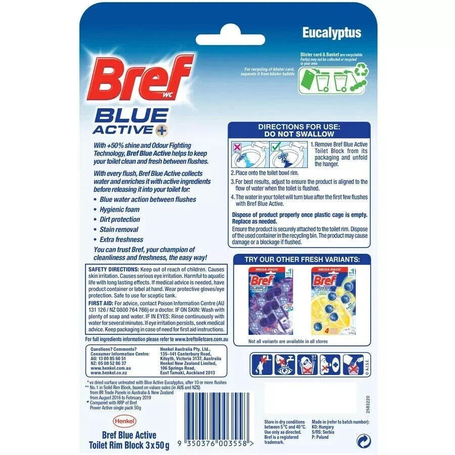 Bref Blue Active Eucalyptus Rim Block Toilet Bowl Cleaner Freshener 9 x 50g