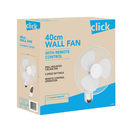 Click Wall Mounted Fan 40cm Fixed Oscillating 3 Speed Remote Control Timer White