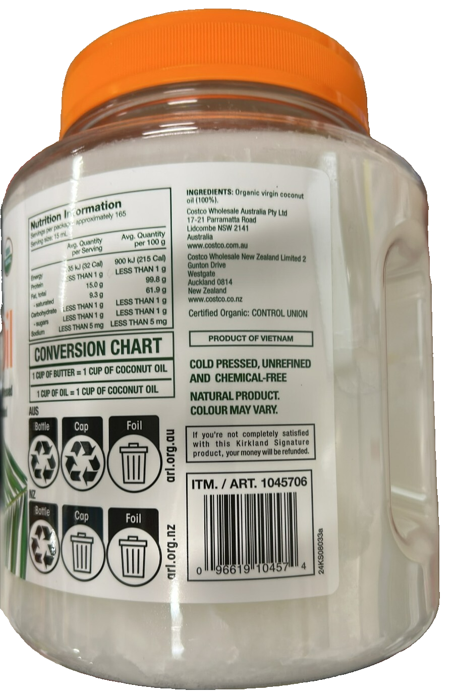 Kirkland Signature Organic Coconut Oil Virgin Cold Pressed Unrefined USDA 2.48L