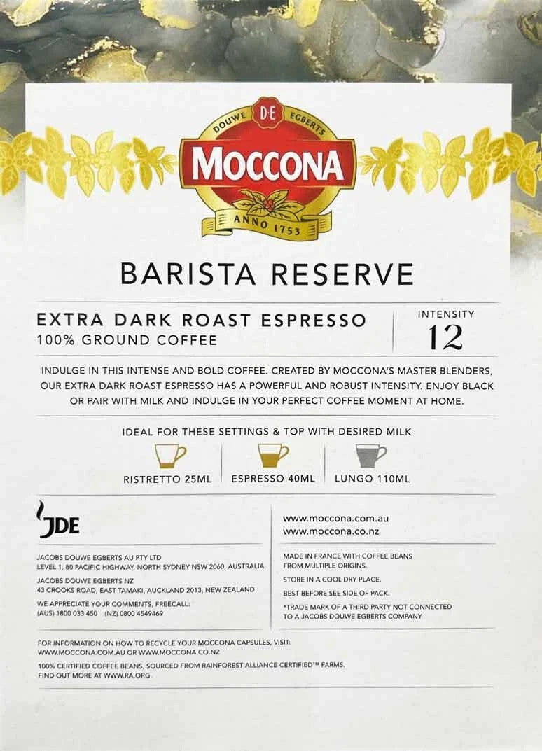 Moccona Espresso Barista Reserve Extra Dark Roast Coffee Intense Bold 60 Capsule