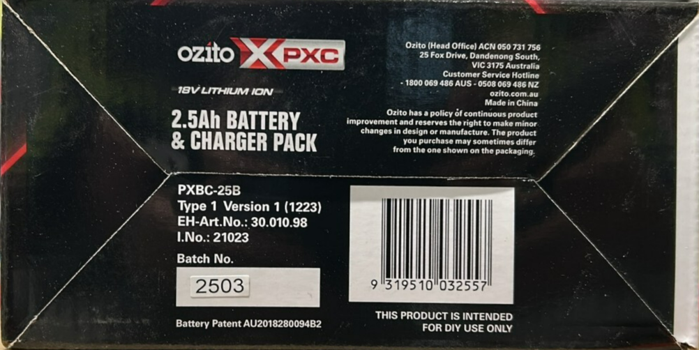 Ozito 2.5Ah Li-Ion Battery & Fast Charger Pack PXBC-25B Range Garden Tools 18V