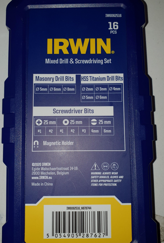 Irwin 16 Pcs Masonry Drill & Screwdriving Titanium Set Wood Metal Brick Bit Tool