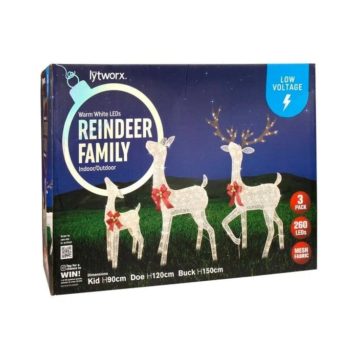 Lytworx Christmas Decor Reindeers with Red Bow Family Warm White 3 Pack