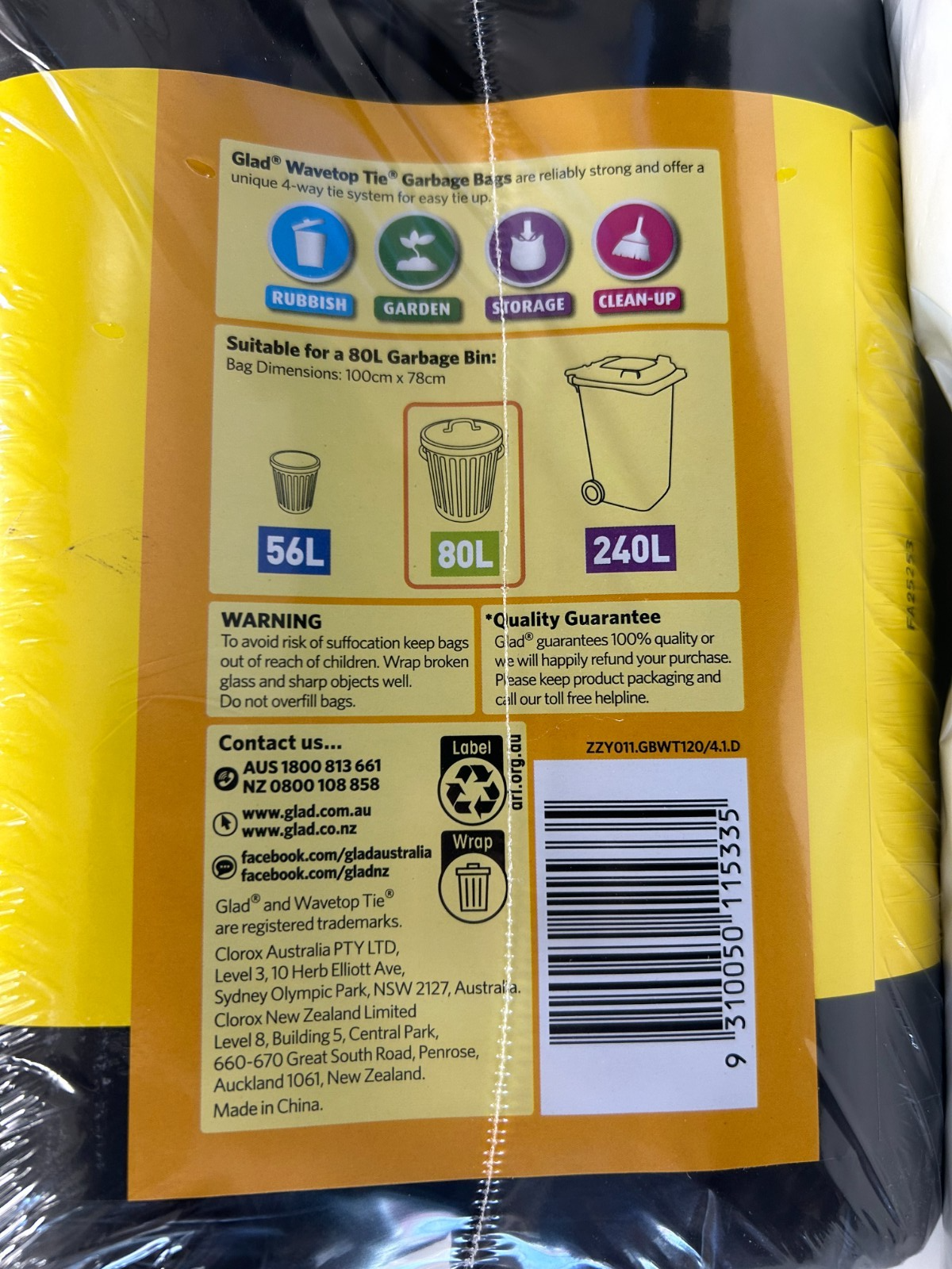Glad Wavetop Tie XL Garbage Bags 100 x 78cm Disposable Waste Bin Liners 120 Bag