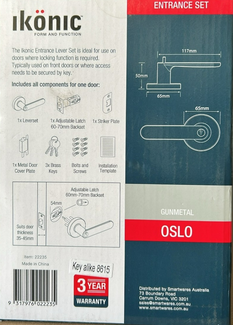 Ikonic Oslo Entrance Lever Set Door Lock Keys Gunmetal Handle Entry Passage