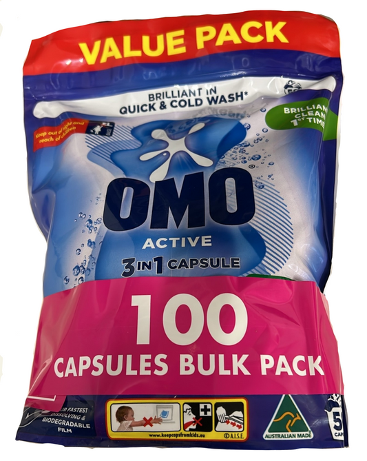 OMO Triple Active 3 In 1 Laundry Capsules Detergent Stain Remover 100 Bulk Pack