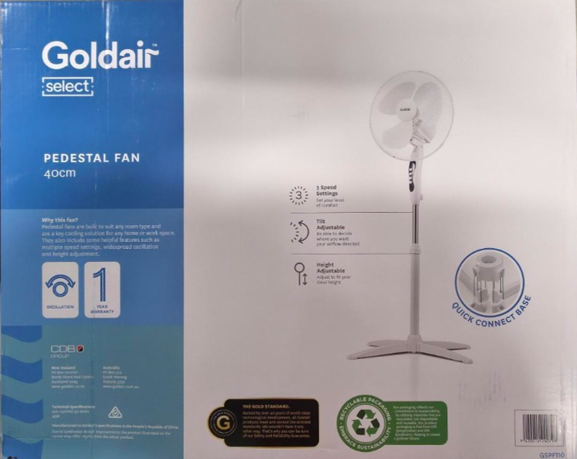Goldair 40cm Pedestal Fan Oscillating Portable Adjustable Tilt Head 3 Speed