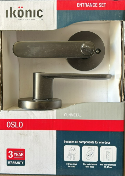 Ikonic Oslo Entrance Lever Set Door Lock Keys Gunmetal Handle Entry Passage