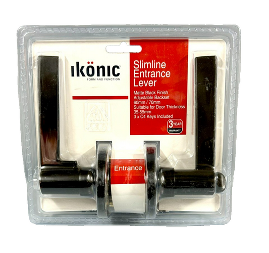 Ikonic Slimline Entrance Lever Set Door Knob Entry Handle Passage Matte Black