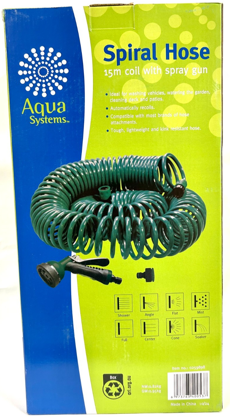 Aqua 15m Spiral Coil Hose Systems with Spray Gun Watering Equipment