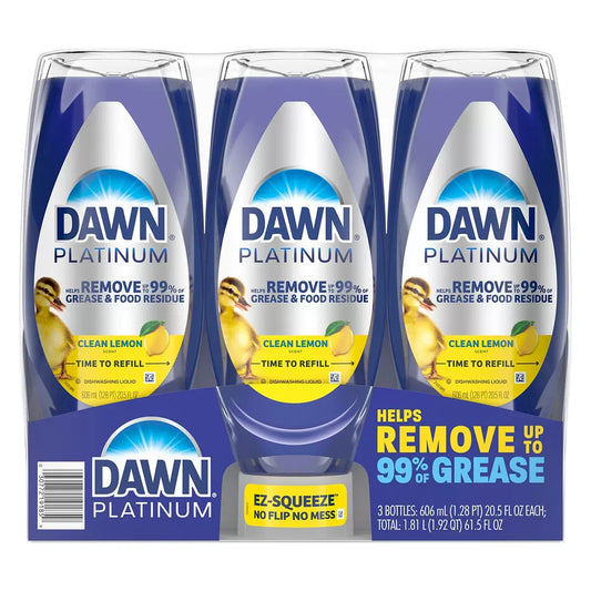 Dawn Platinum EZ Squeeze Dishwashing Dish Liquid Soap Refill 3 x 606ml