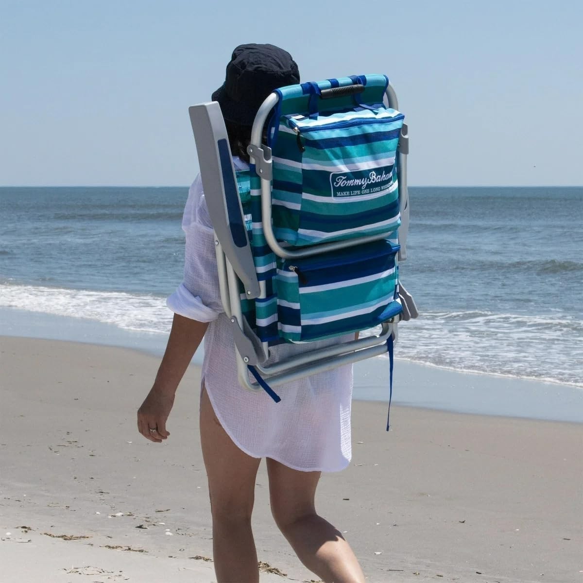 Tommy Bahama Beach Chair Backpack Folding Low Seat Lounge Summer Camping Blue