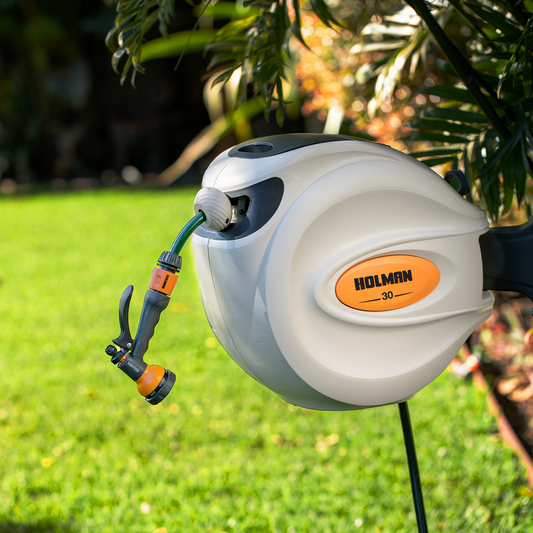 Holman 30m Hose Reel Retractable Spray Gun Auto Rewind Garden Carwash Wall Mount