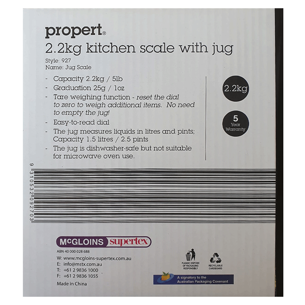 Propert Kitchen Scale with Jug 2.2 Kg Food Dial Weighing Machine Dishwasher Safe