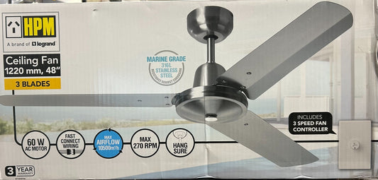 HPM 3 Blade Ceiling Fan 1220mm Marine Grade 316L Stainless Steel 48in