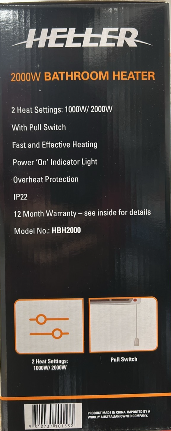 Heller Bathroom Wall Fan Heater 2000W with Pull Switch Cord 2 Speed Settings