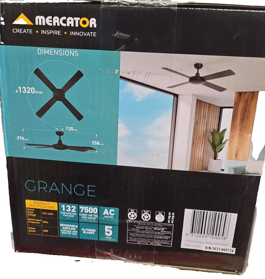 Mercator Grange 132cm Ceiling Fan 52" 4 Blade DC Black 3 Speed