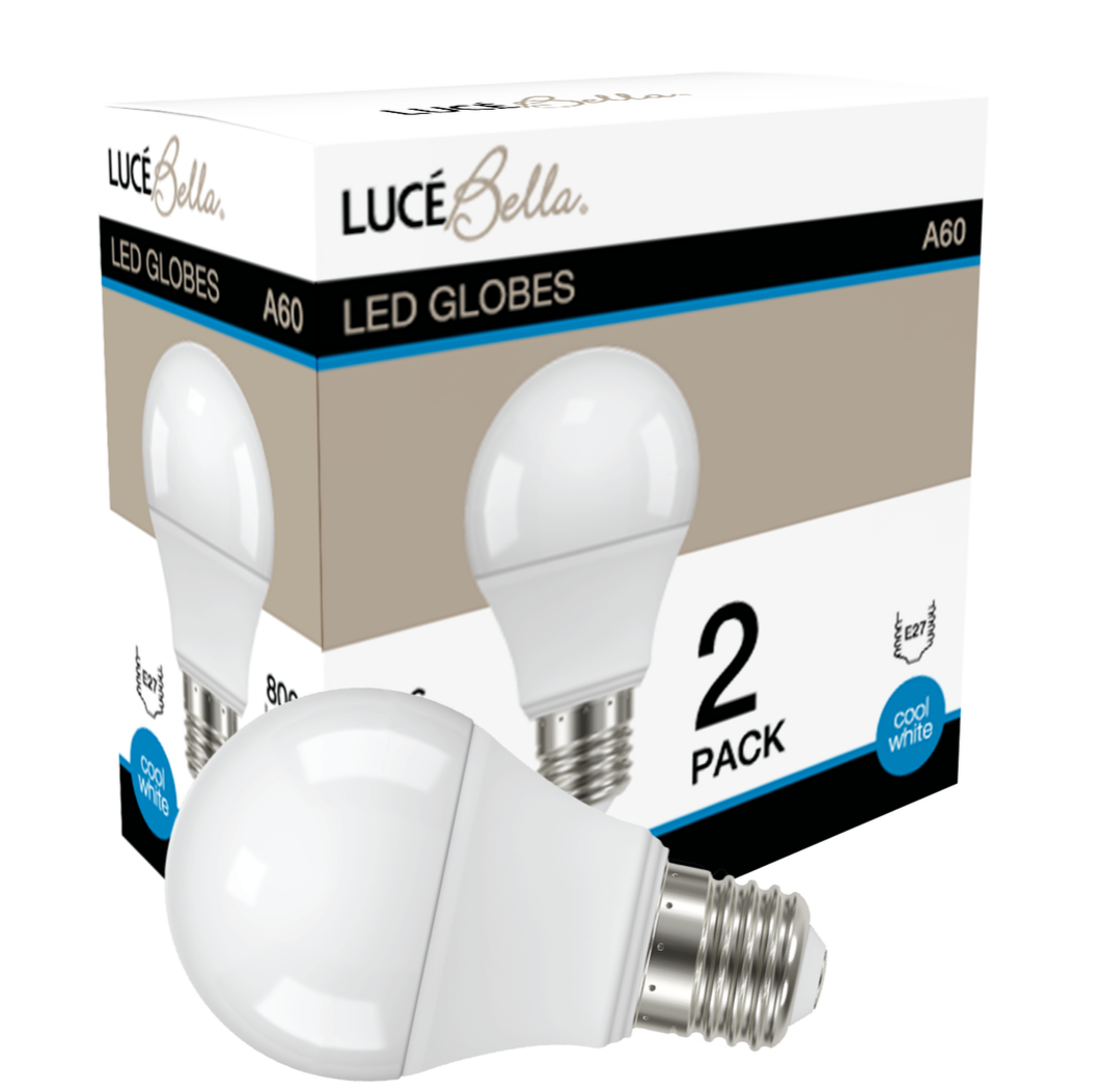 Luce Bella LED Light A60 E27 806lm Cool White 8W Lighting Bulb Globe 2 Pack