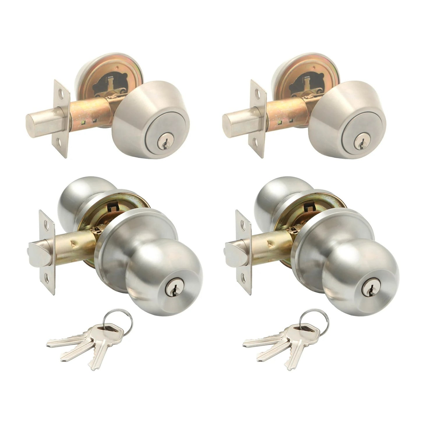 Ikonic Ruby Combination Entrance Door Knob Lock Handle Set Brushed Nickel 2 Pack