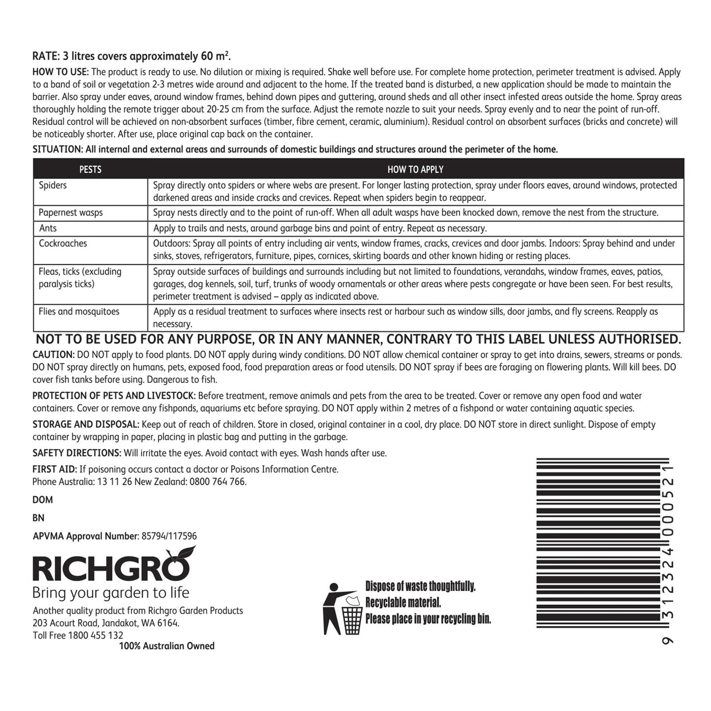 Richgro 3L Indoor Outdoor Surface Spray Wasps Fleas Cockroach Ants Pests Killer