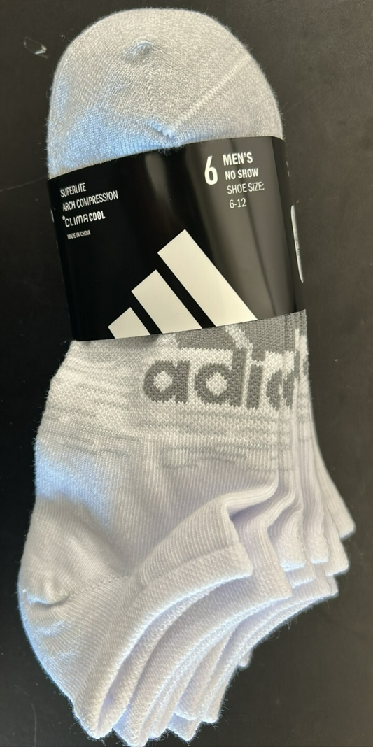 Adidas Men's No Show Socks Superlite Compression Size 6 - 12 White 6 Pairs