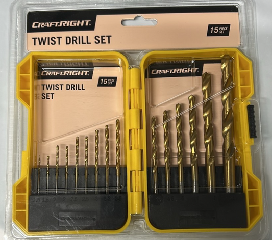 CraftRight Twist Drill Bit Set HSS 15 Piece Tools For Steel Metal Gold