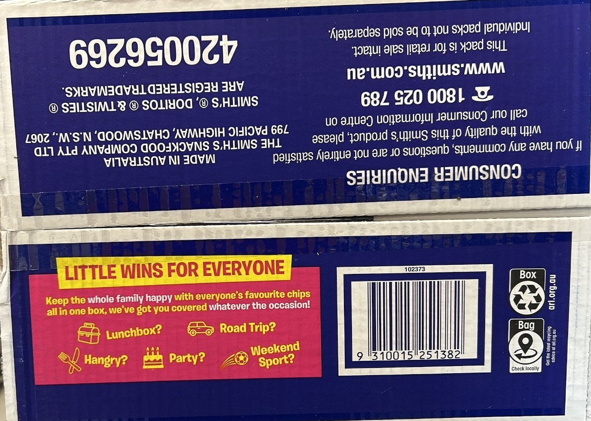 Smith's Chips Crinkle Cut Variety Box Twisties Doritos Party 66 Pack 1.25 Kg