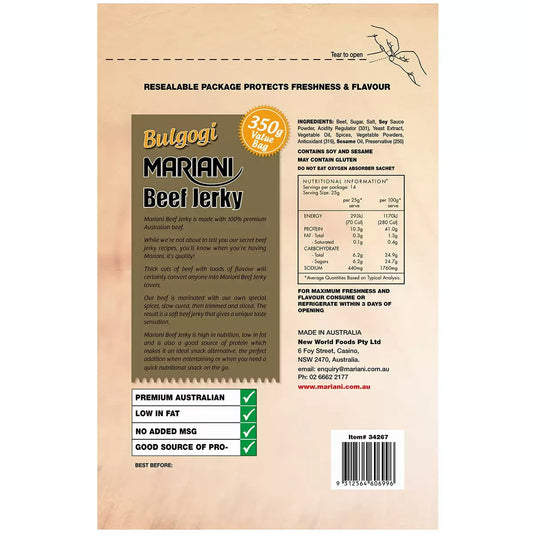 Mariani Bulgogi Beef Jerky Korean Bbq Authentic Taste Pack of 350g Snack Treat