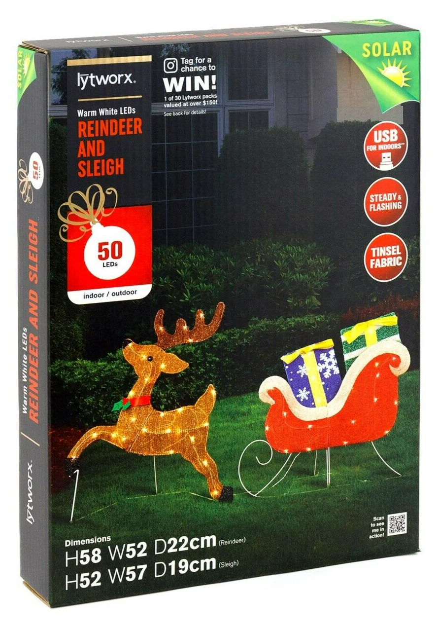 Lytworx Reindeer and Sleigh Warm White LED Lights USB Solar Powered Xmas Decor