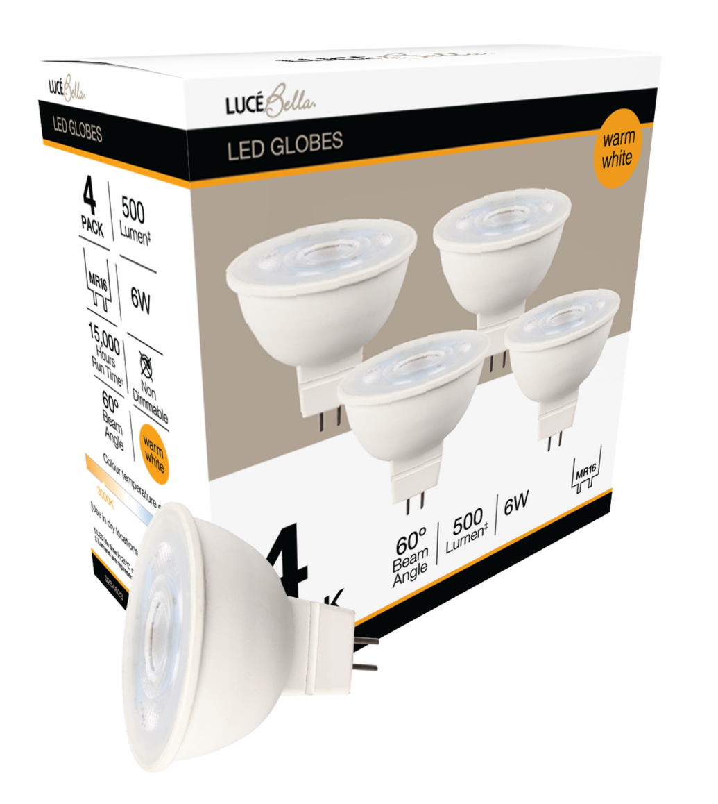 Luce Bella LED Globes Light Bulb 500lm Warm White DownLight 6W 60° MR16 4 Pack