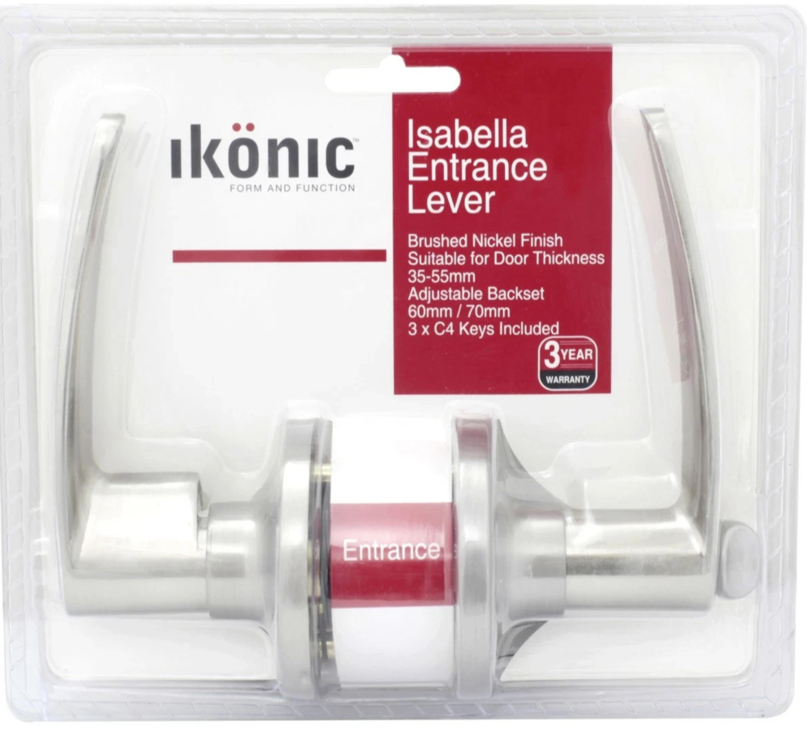 Ikonic Isabella Lever Entrance Set Door Lock Keys Brushed Nickel Handle Entry