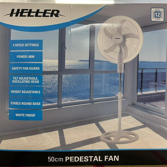 Heller 50cm Pedestal Fan Oscillating Portable Adjustable Tilt Head 3 Speed White