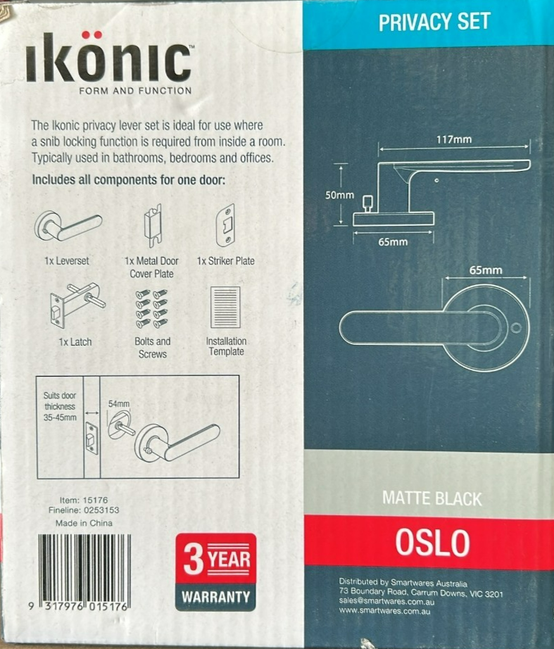 Ikonic Oslo Privacy Lever Set Door Lock Handle Bedroom Office Locking Matte Blac