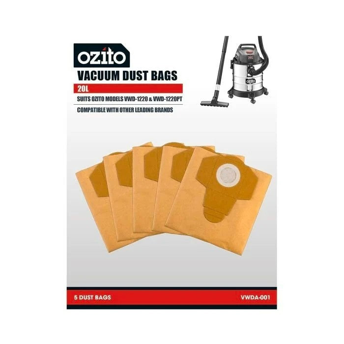 Ozito Replacement Vacuum Dust Bags Dry Vac Cleaner 20L Capacity Bag 5 Pack