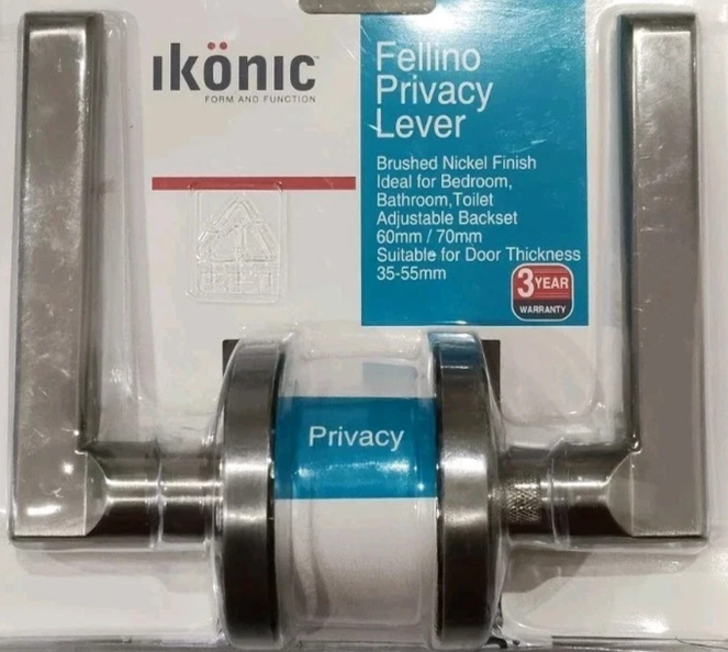 Ikonic Fellino Privacy Lever Door Knob Handle Set for Bedroom Brushed Nickel