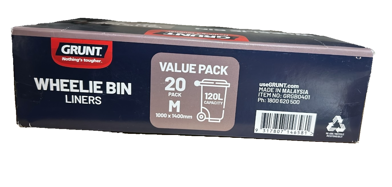 Grunt 120L Medium Wheelie Bin Liners Rubbish Garbage Black Bags 20 Pack