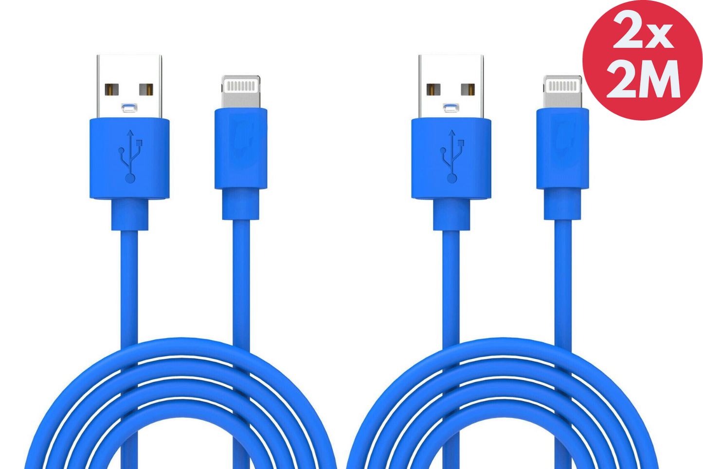 2x Laser USB A Charger Phone Cable 2M Cord for iPhone iPad Tablet Blue