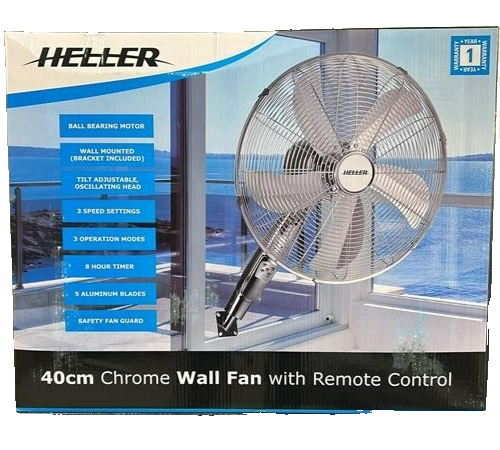 Heller 40cm Wall Fan Chrome Remote Control 3 Speed Oscillating Tilt Adjustable