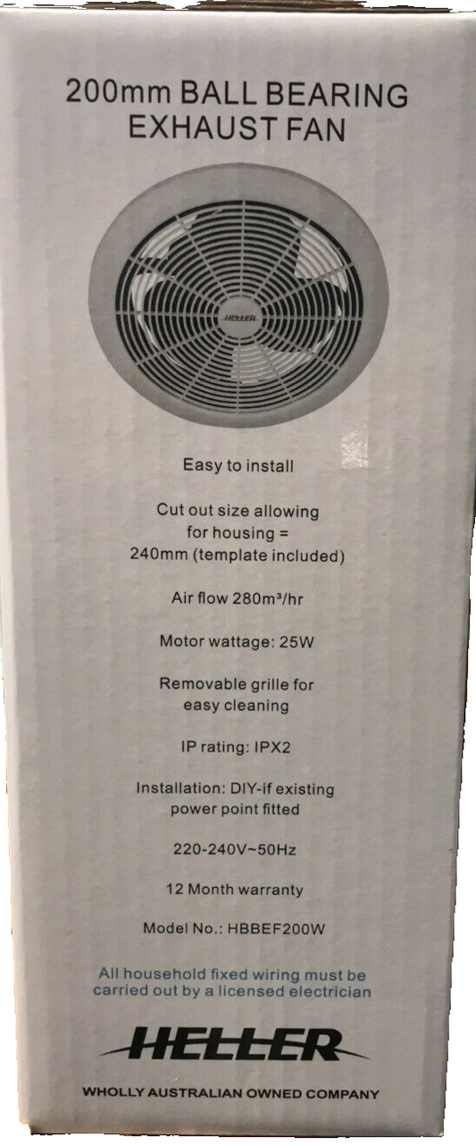 Heller Exhaust Fan 200mm Ball Bearing Bathroom Kitchen Wall Ceiling Heat Vent