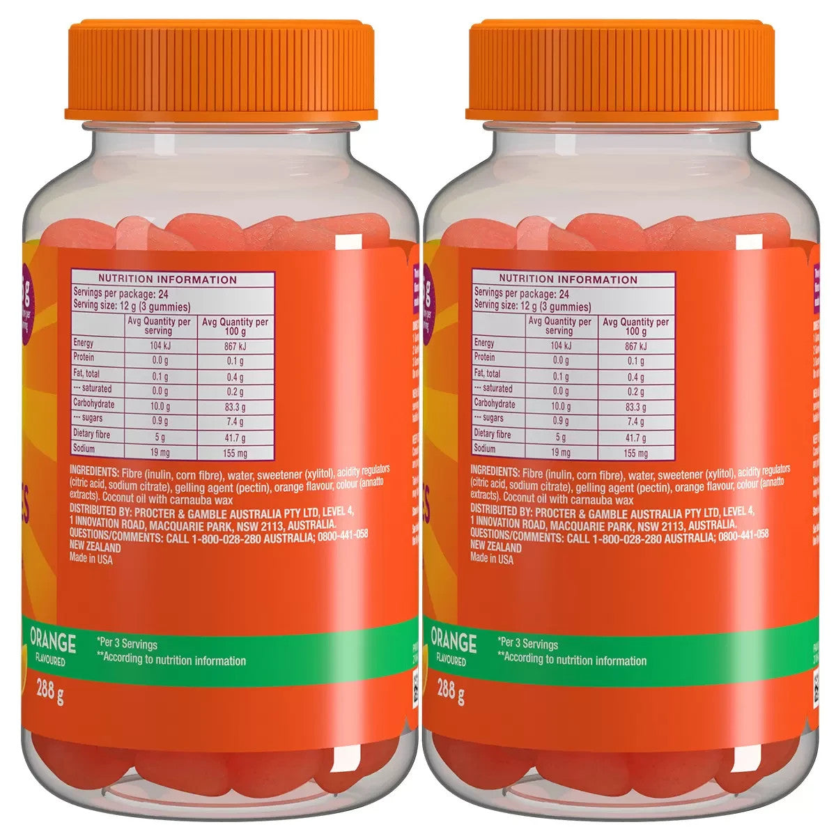 2x Metamucil Fibre Gummies Orange Flavour for Digestive Health Prebiotic 72pk