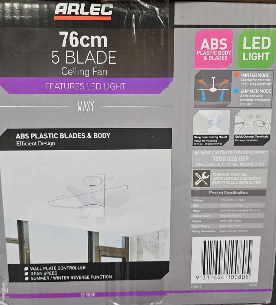 Arlec Maxy 76cm AC Ceiling Fan with LED Light 5 ABS Blades Wall Control White