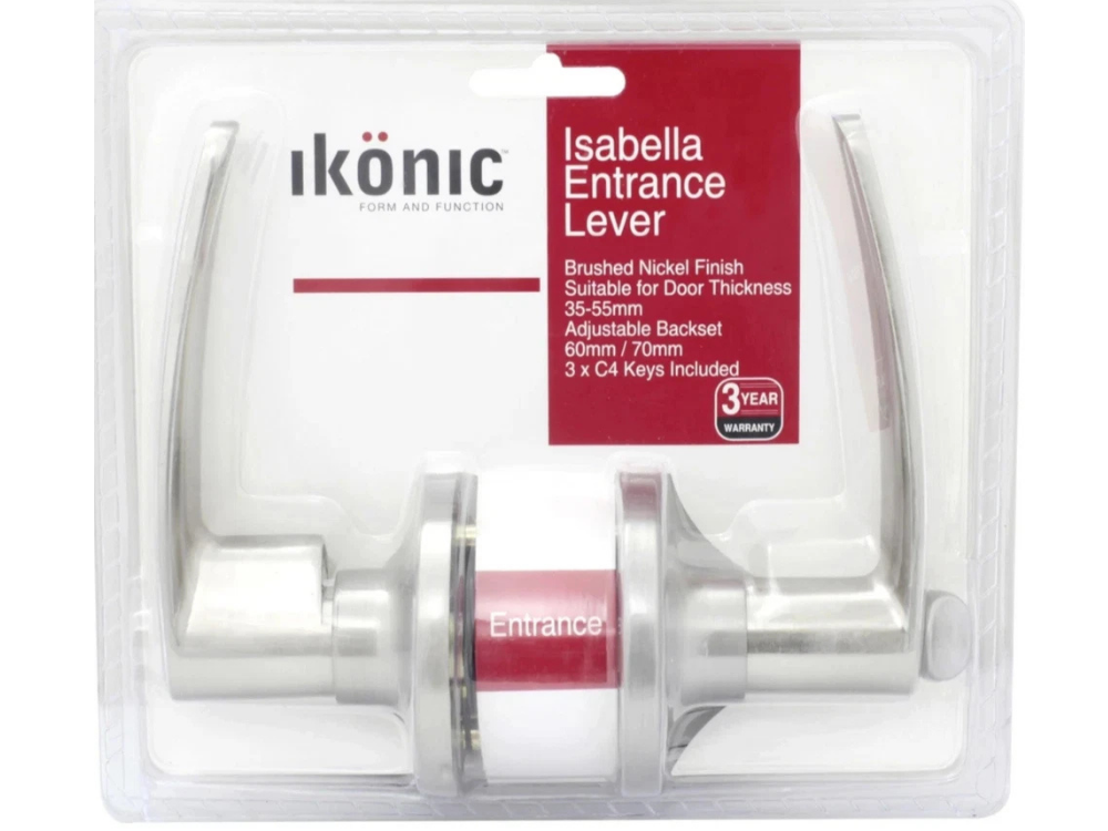 Ikonic Isabella Lever Entrance Set – Brushed Nickel Door Handle with Lock & Keys