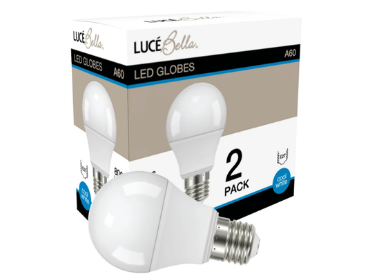 Luce Bella LED A60 E27 8W Cool White Bulb – 806lm, 2 Pack