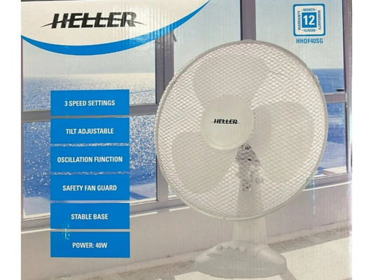 Heller 40cm Table Fan – Adjustable Tilt, Oscillating, 3-Speed Portable
