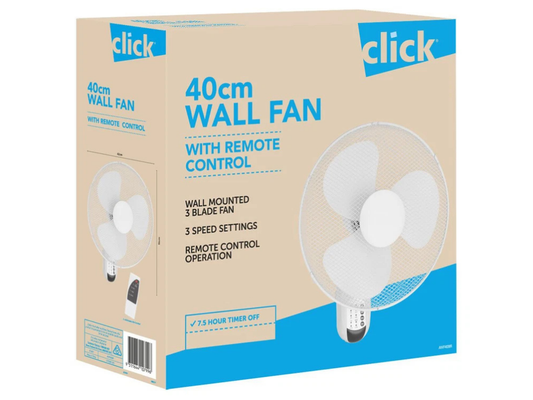Click 40cm Wall Fan – 3-Speed, Remote & Timer – White