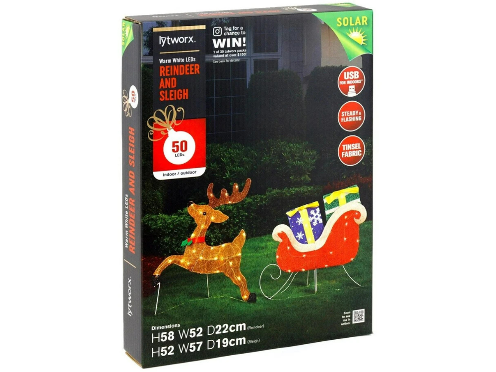 Lytworx Warm White LED Reindeer & Sleigh Lights – USB/Solar Powered Christmas Decor