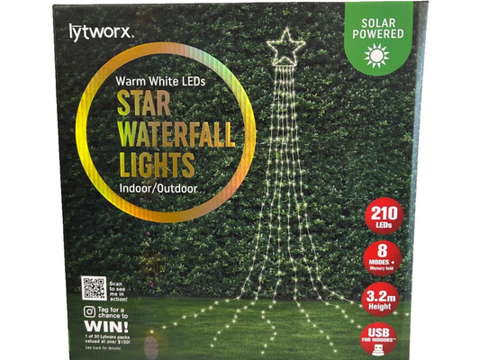 Lytworx Star Waterfall LED Lights – Solar/USB Warm White Christmas Tree Decor