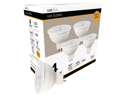 Luce Bella 6W MR16 LED Globes 500lm Warm White Downlight – 4 Pack, 60° Beam