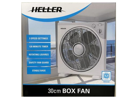 Heller Box Fan 30cm – 3-Speed Portable Air Circulator with Timer